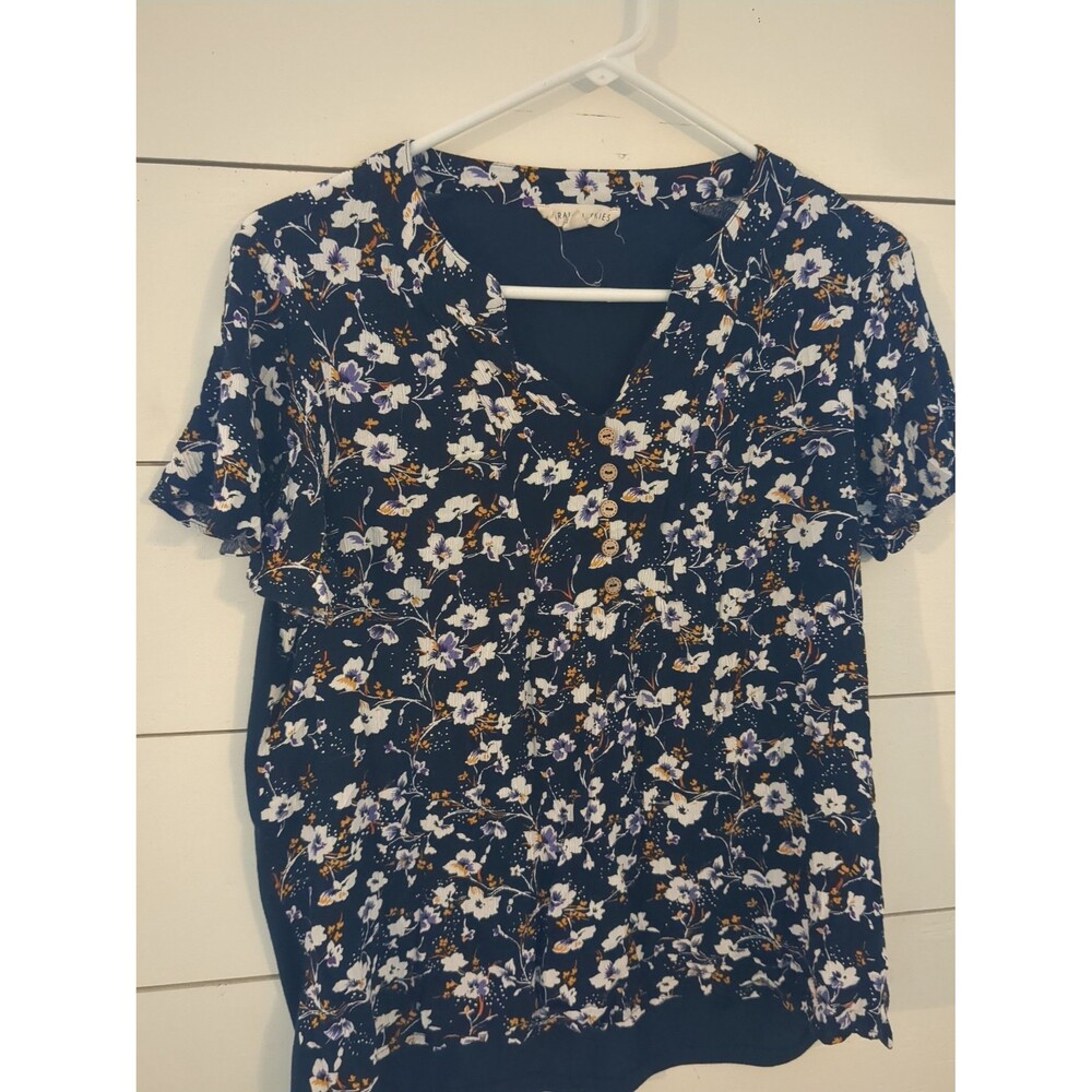 Parallel skies Navy floral rayon button detail flutter sleeve top summer boho